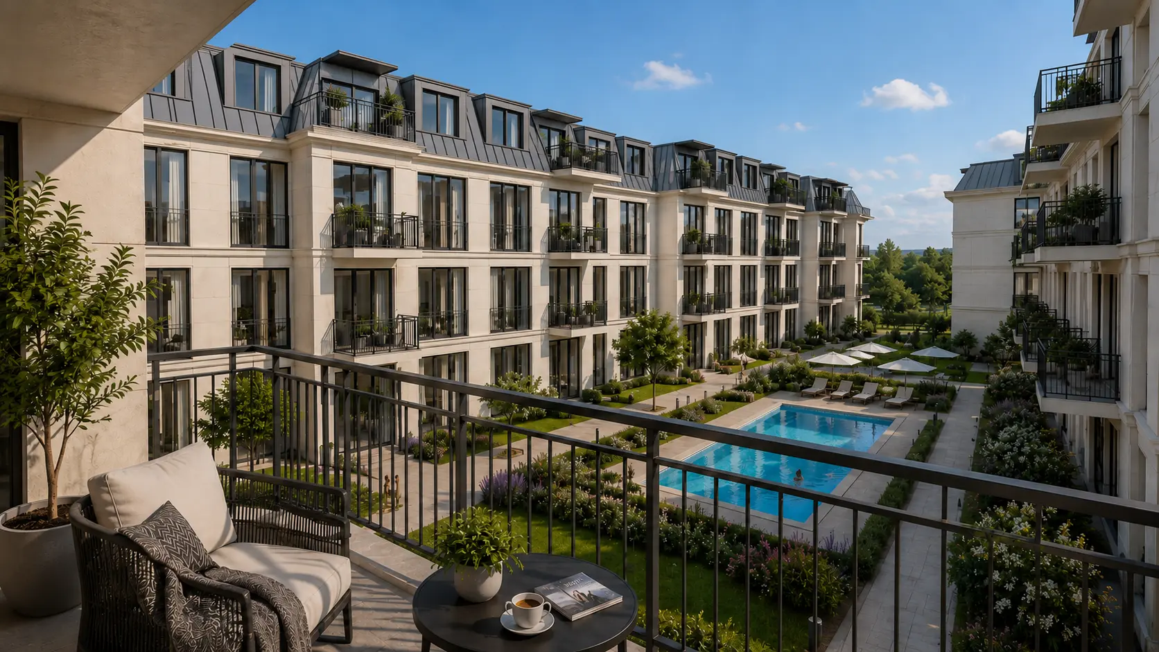 Sky Homes havuz ve balkon görünümü