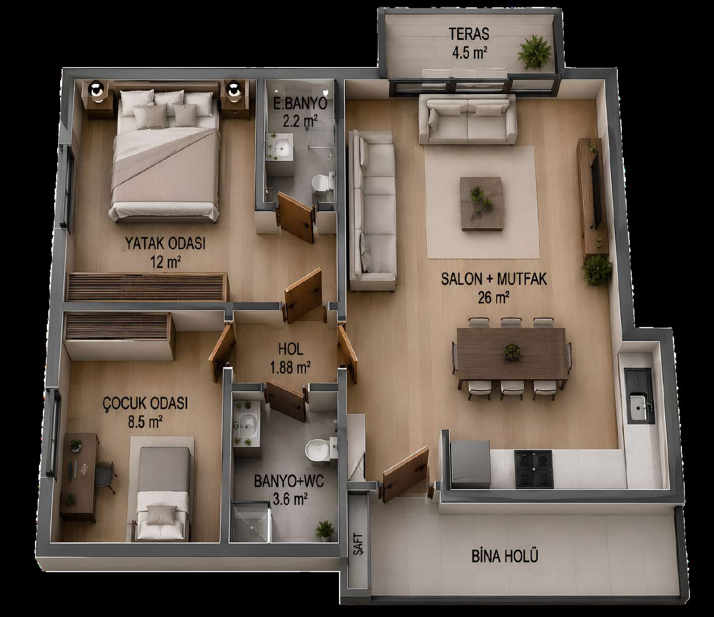 Sky Homes 2+1 birinci plan alternatifi